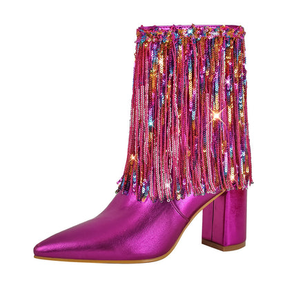 Sequins Pointed Toe Chunky Heel Ankle Boots | Onlymaker New