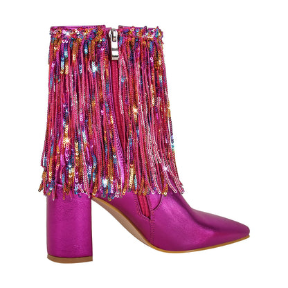 Sequins Pointed Toe Chunky Heel Ankle Boots | Onlymaker New