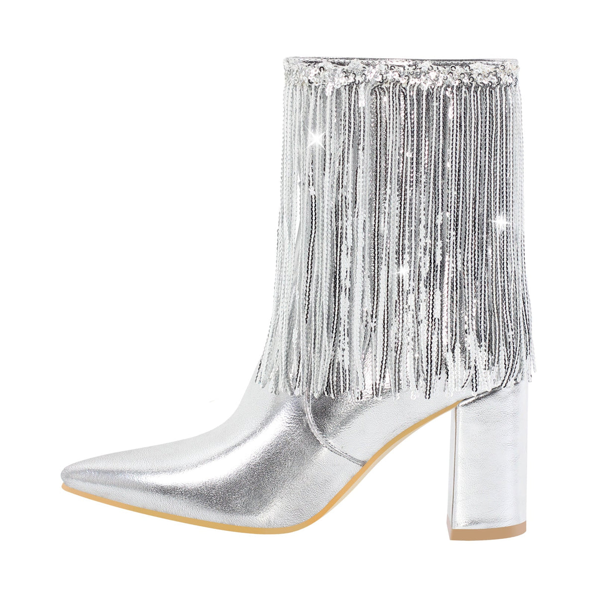 Sequins Pointed Toe Chunky Heel Ankle Boots | Onlymaker New