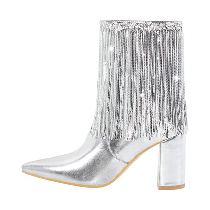 Sequins Pointed Toe Chunky Heel Ankle Boots | Onlymaker New