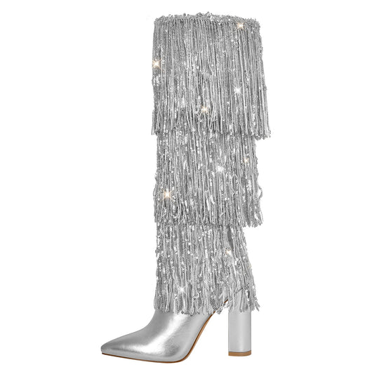 Pointed Toe Chunky Heel Fringe Sequin Boots | Onlymaker Exclusive