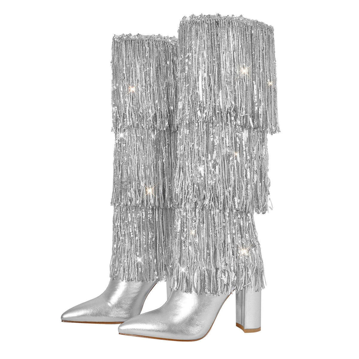 Pointed Toe Chunky Heel Fringe Sequin Boots | Onlymaker Exclusive