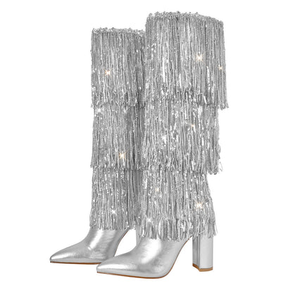 Pointed Toe Chunky Heel Fringe Sequin Boots | Onlymaker Exclusive