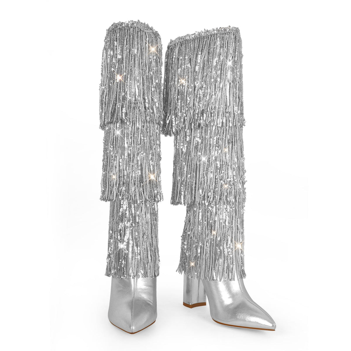 Pointed Toe Chunky Heel Fringe Sequin Boots | Onlymaker Exclusive