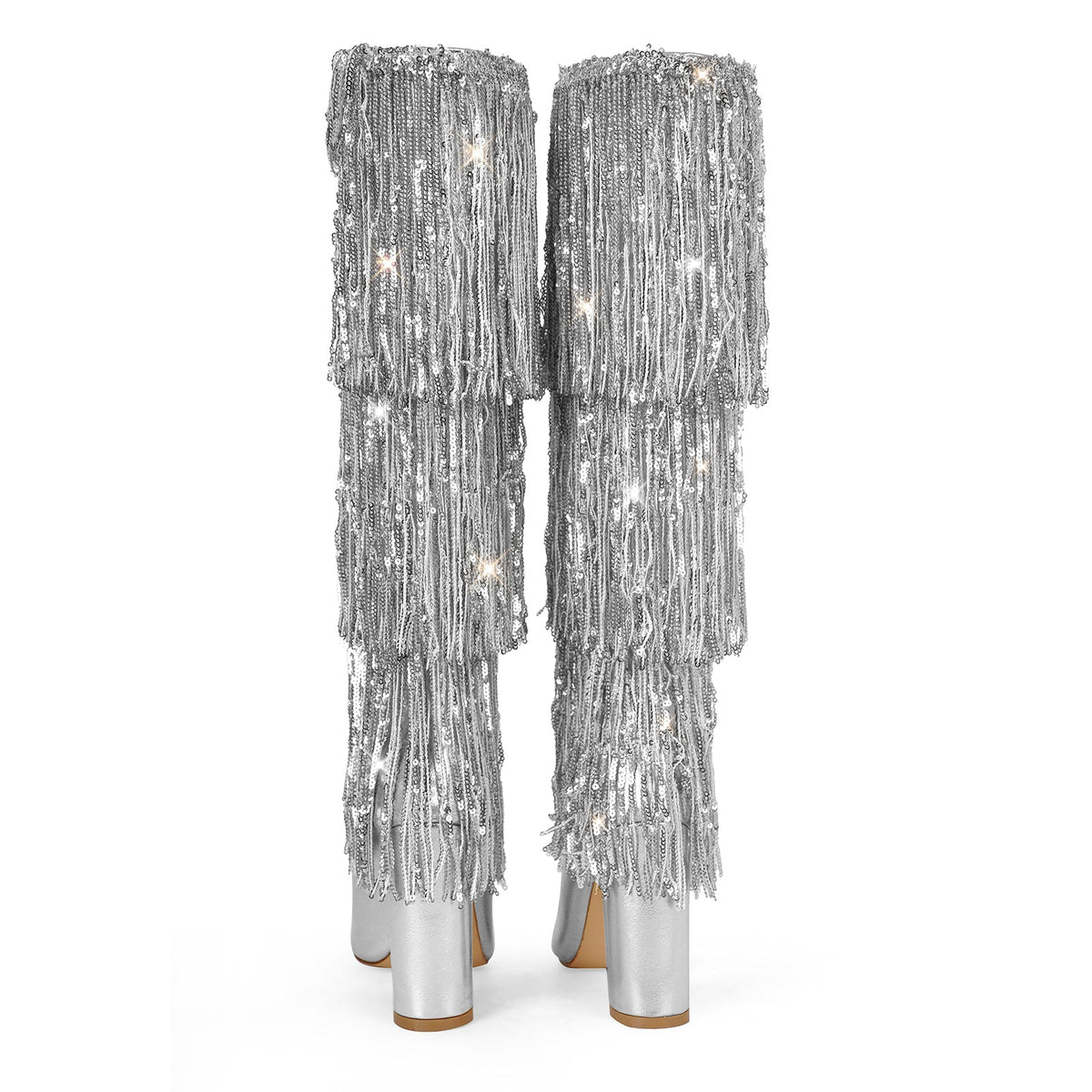 Pointed Toe Chunky Heel Fringe Sequin Boots | Onlymaker Exclusive