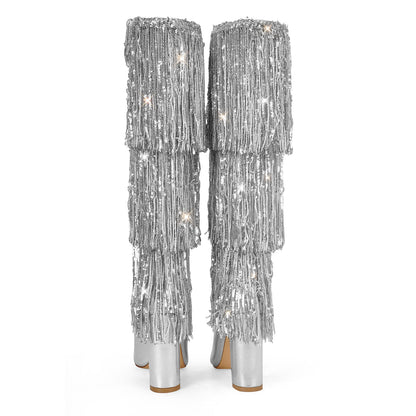 Pointed Toe Chunky Heel Fringe Sequin Boots | Onlymaker Exclusive