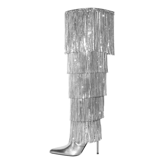 Pointed Toe Stiletto Fringe Metallic Over The Knee Boots | Onlymaker Everyday