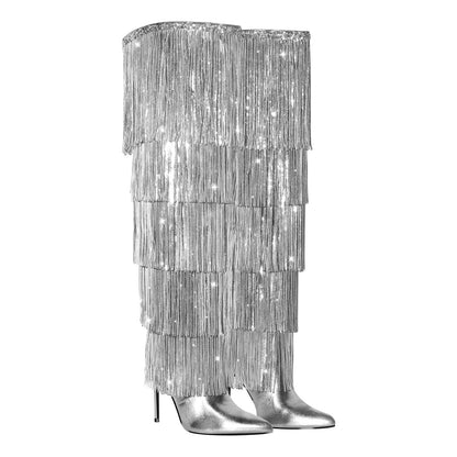 Pointed Toe Stiletto Fringe Metallic Over The Knee Boots | Onlymaker Everyday