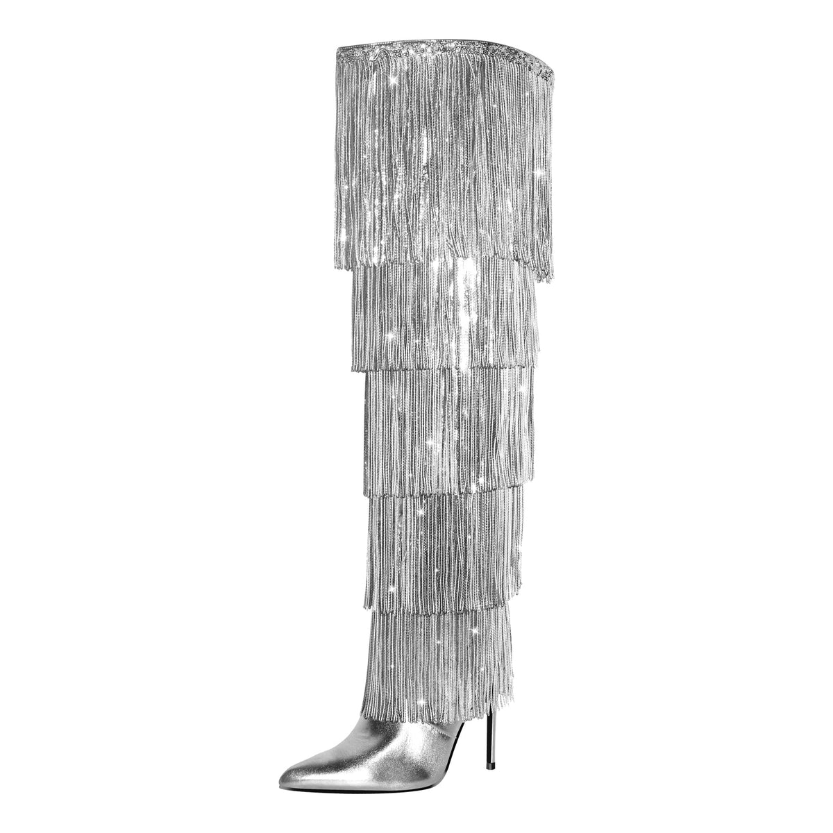 Pointed Toe Stiletto Fringe Metallic Over The Knee Boots | Onlymaker Everyday