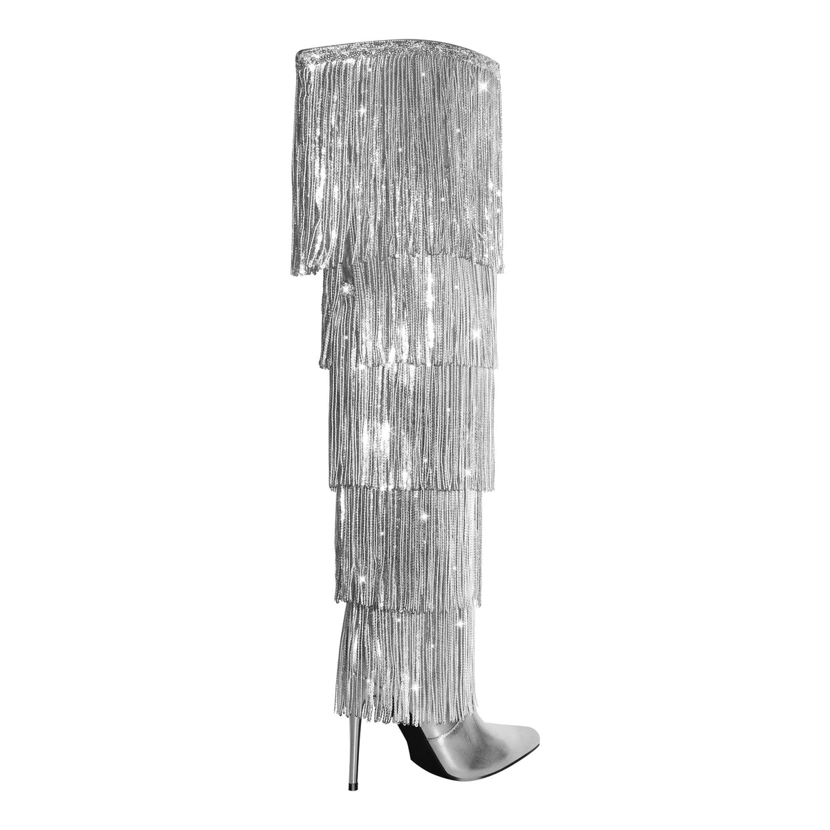 Pointed Toe Stiletto Fringe Metallic Over The Knee Boots | Onlymaker Everyday