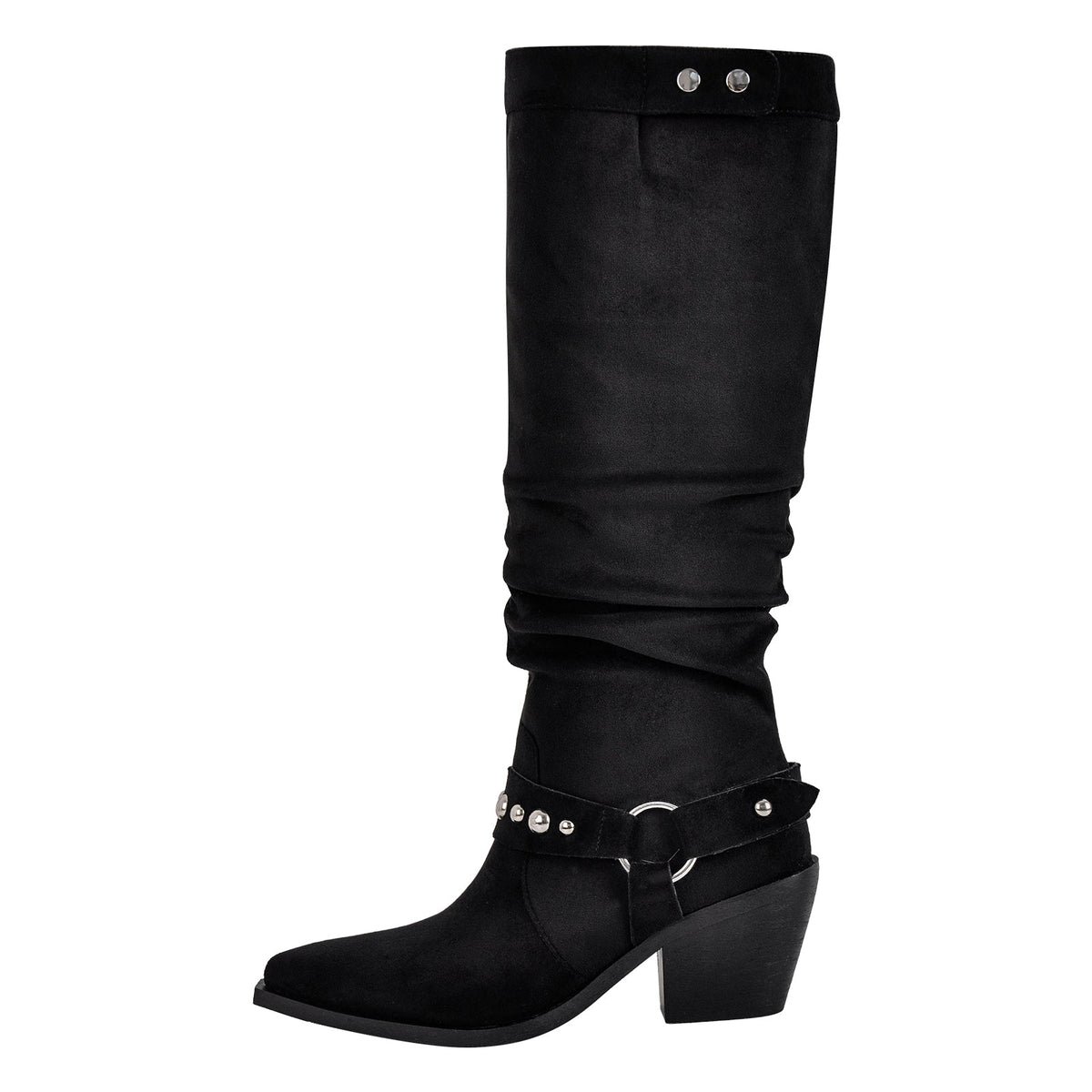Pointed Toe Rivet Belt Pleated Knee High Boots | Onlymaker Premium