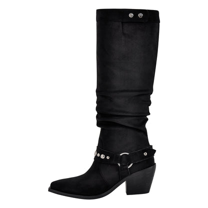 Pointed Toe Rivet Belt Pleated Knee High Boots | Onlymaker Premium