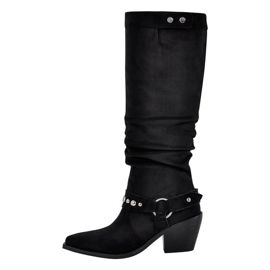 Pointed Toe Rivet Belt Pleated Knee High Boots | Onlymaker Premium