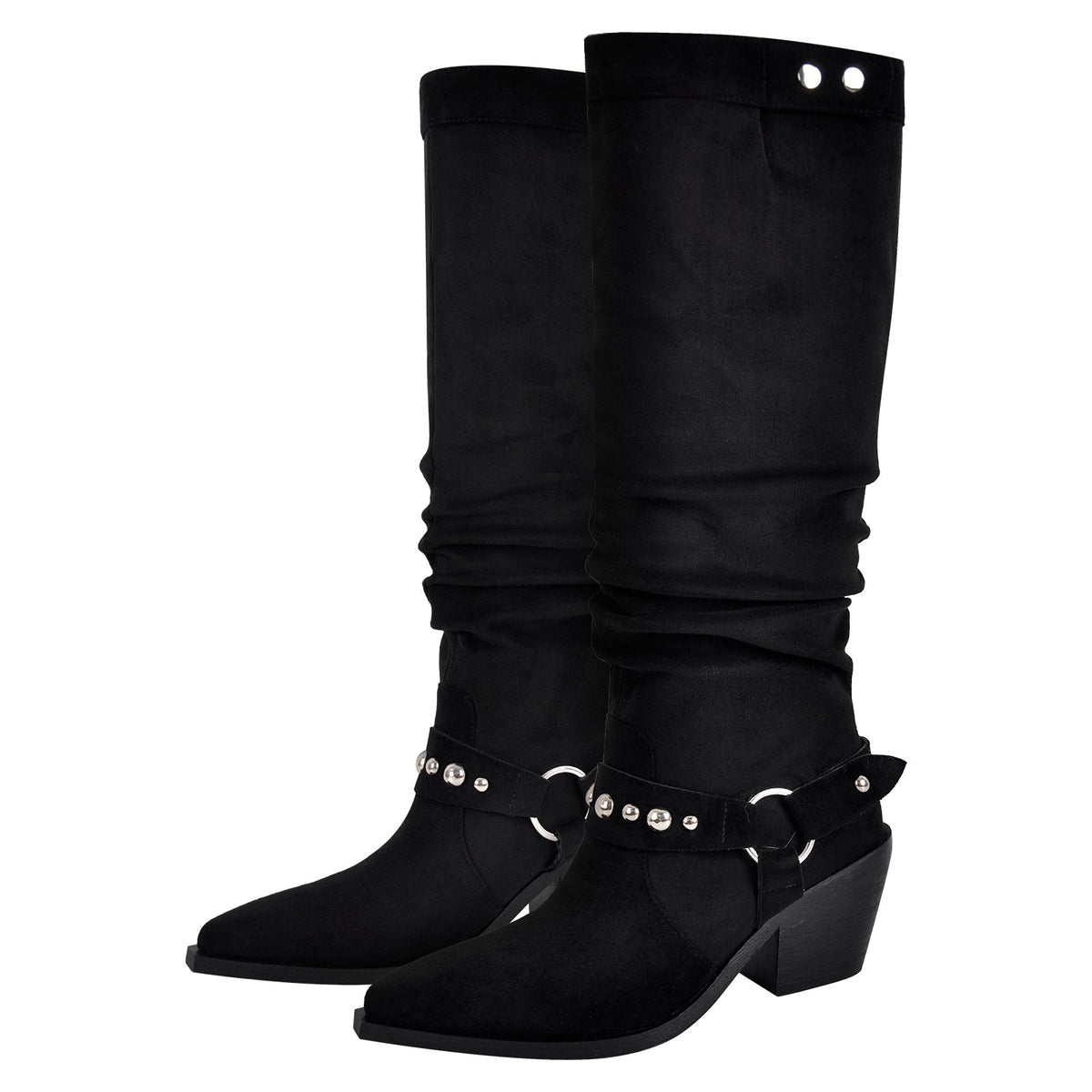 Pointed Toe Rivet Belt Pleated Knee High Boots | Onlymaker Premium