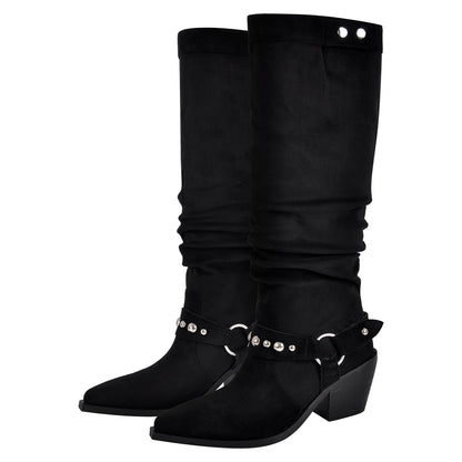 Pointed Toe Rivet Belt Pleated Knee High Boots | Onlymaker Premium