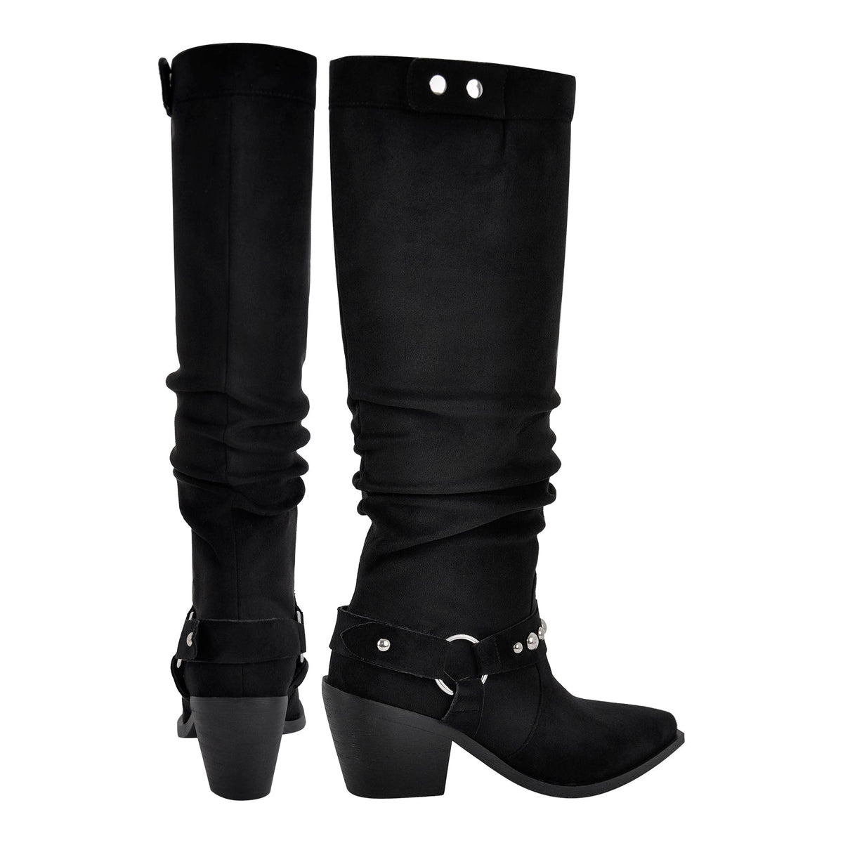 Pointed Toe Rivet Belt Pleated Knee High Boots | Onlymaker Premium