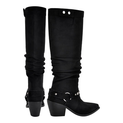 Pointed Toe Rivet Belt Pleated Knee High Boots | Onlymaker Premium