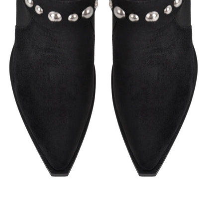 Pointed Toe Rivet Belt Pleated Knee High Boots | Onlymaker Premium