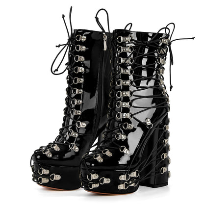 Platform Metal Buckles Lace-up Chunky Heel Ankle Boots | Onlymaker Classic
