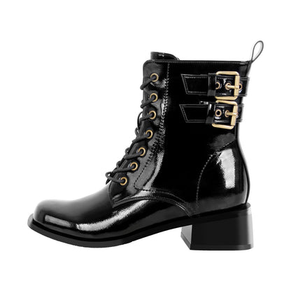 Square Toe Buckle Chunky Heel Ankle Boots | Onlymaker Quality