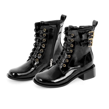 Square Toe Buckle Chunky Heel Ankle Boots | Onlymaker Quality