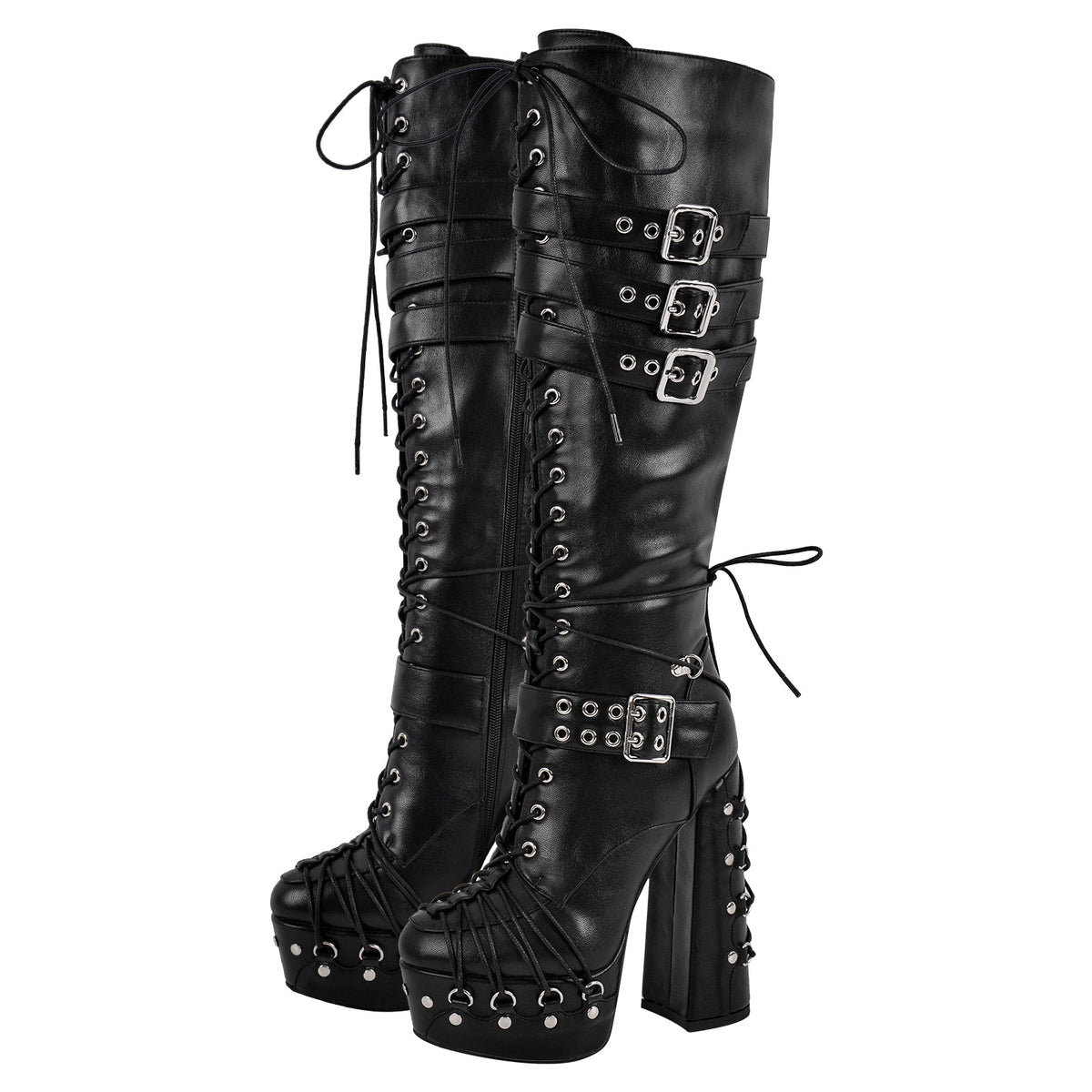 Buckle Lace-up Platform Knee High Boots | Onlymaker Popular