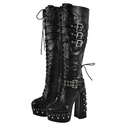 Buckle Lace-up Platform Knee High Boots | Onlymaker Popular