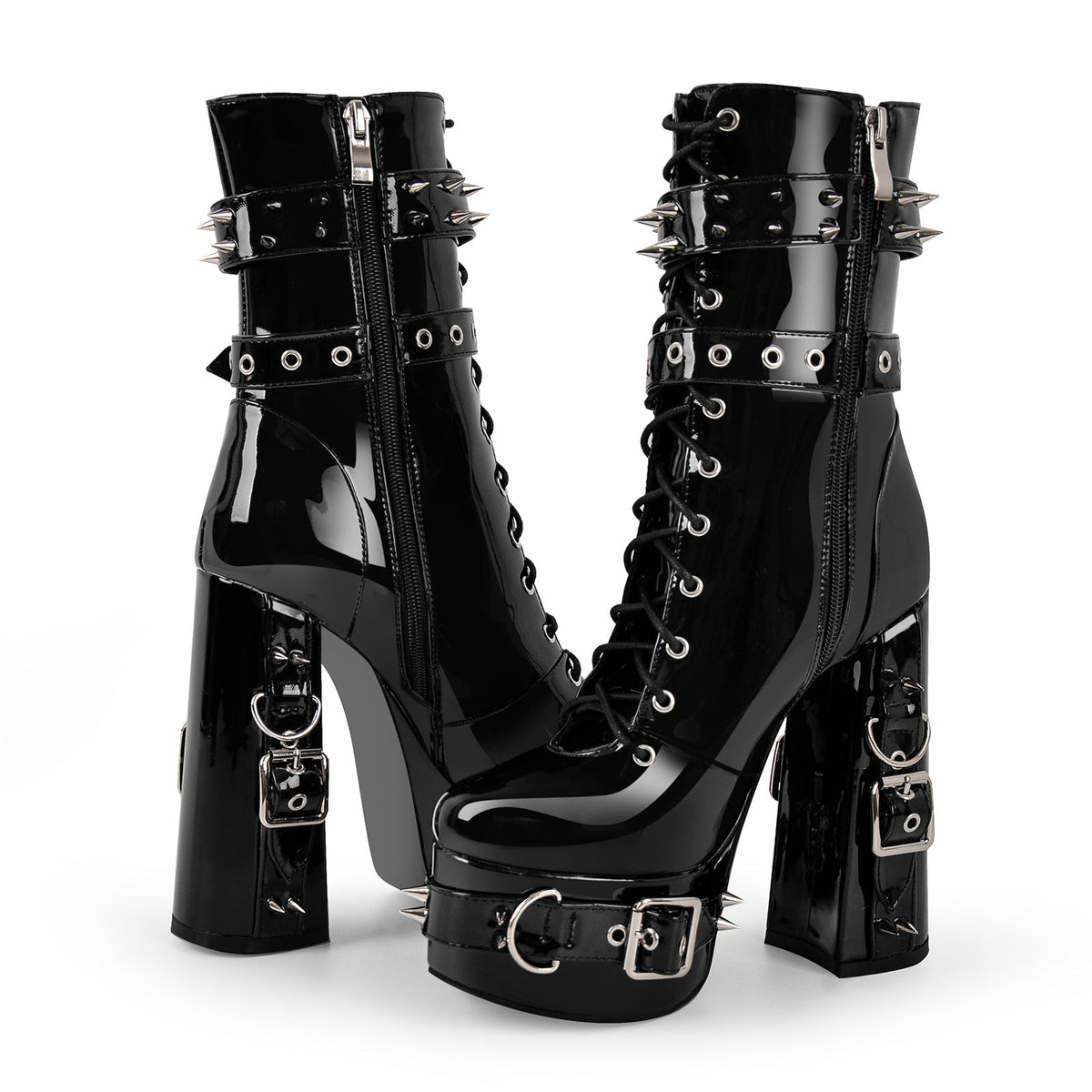 Rivet Belt Buckle Platform Lace-up Chunky Heel Boots | Onlymaker Recommended