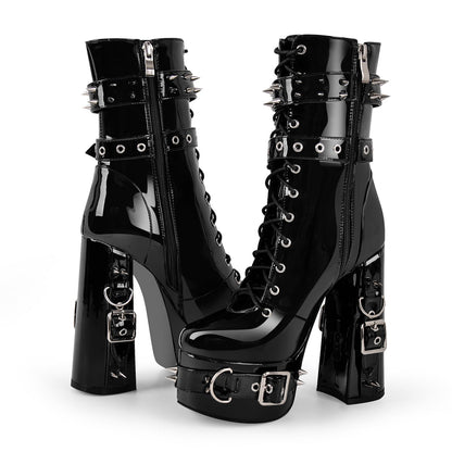 Rivet Belt Buckle Platform Lace-up Chunky Heel Boots | Onlymaker Recommended