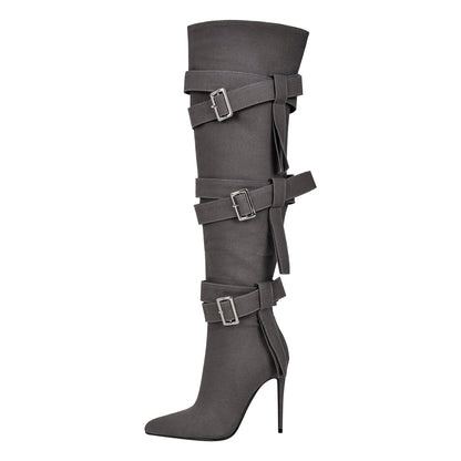 Pointed Toe Buckle Strap Over The Knee Boots | Onlymaker Essential