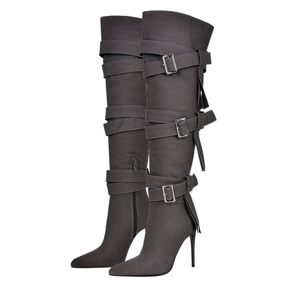 Pointed Toe Buckle Strap Over The Knee Boots | Onlymaker Essential