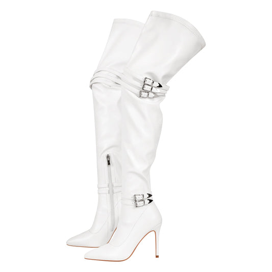 Pointed Toe Stiletto Buckle Over The Knee Boots | Onlymaker Latest