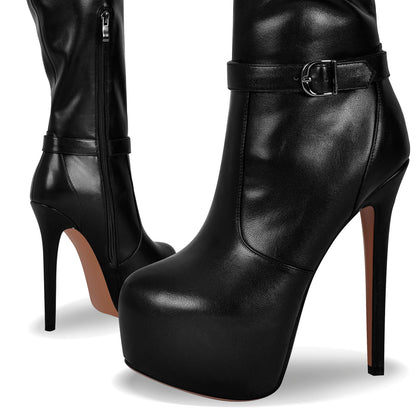 Round Toe Stiletto Platform Over The Knee Buckle Boots | Onlymaker Great Value