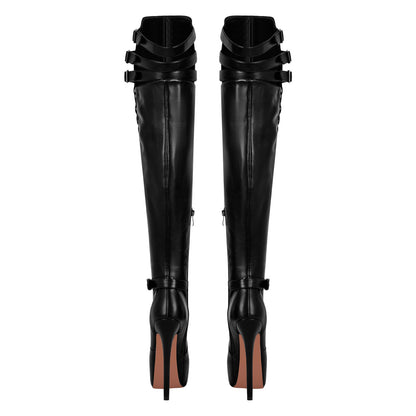 Round Toe Stiletto Platform Over The Knee Buckle Boots | Onlymaker Great Value
