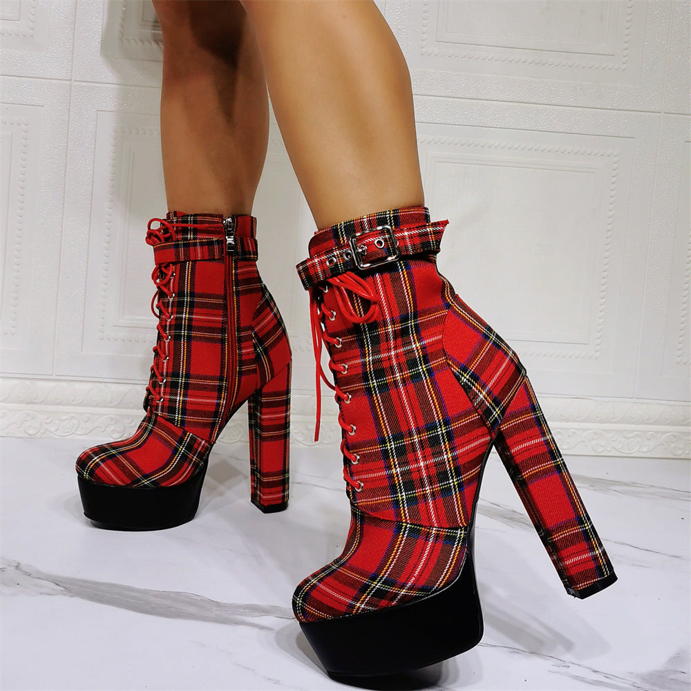 Chunky Heel Plaid Ankle Boots | Onlymaker Sale