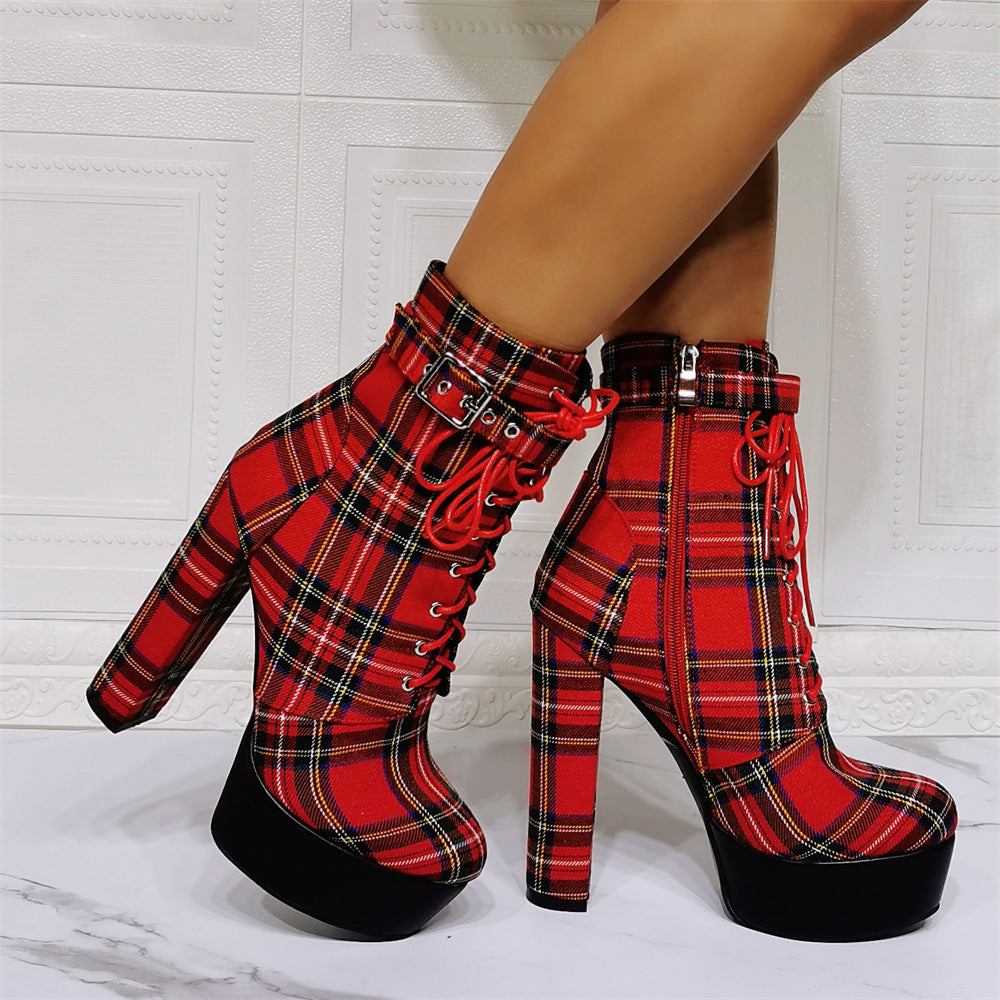 Chunky Heel Plaid Ankle Boots | Onlymaker Sale