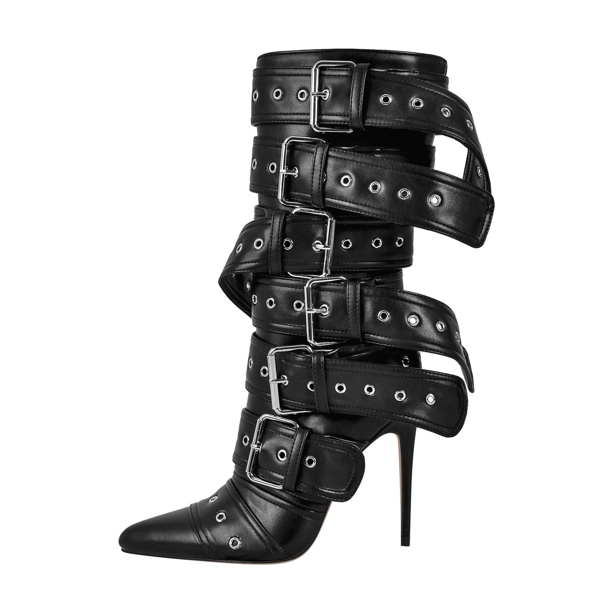 Metallic Pointed Toe Buckles Stiletto Ankle Boots | Onlymaker Everyday