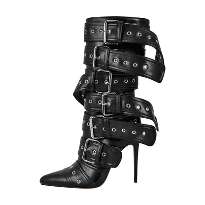 Metallic Pointed Toe Buckles Stiletto Ankle Boots | Onlymaker Everyday