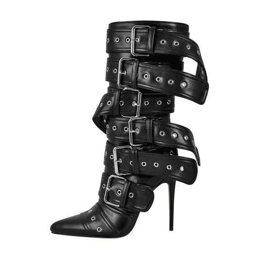 Metallic Pointed Toe Buckles Stiletto Ankle Boots | Onlymaker Everyday