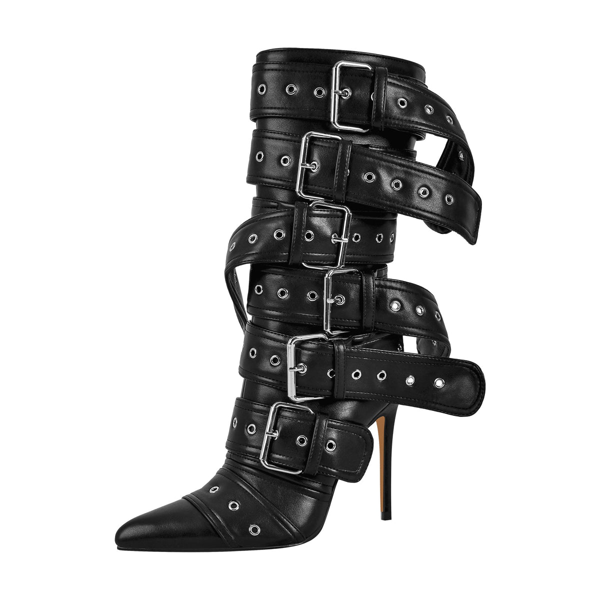 Metallic Pointed Toe Buckles Stiletto Ankle Boots | Onlymaker Everyday