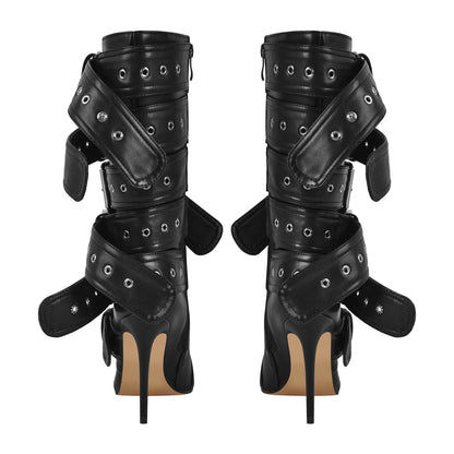 Metallic Pointed Toe Buckles Stiletto Ankle Boots | Onlymaker Everyday