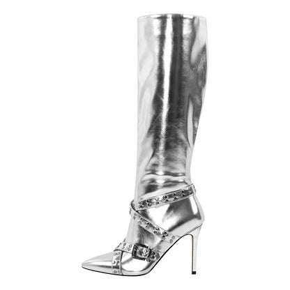 Straps Knee High Metallic Color Boots | Onlymaker Hot Sale