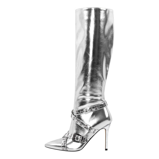 Straps Knee High Metallic Color Boots | Onlymaker Hot Sale