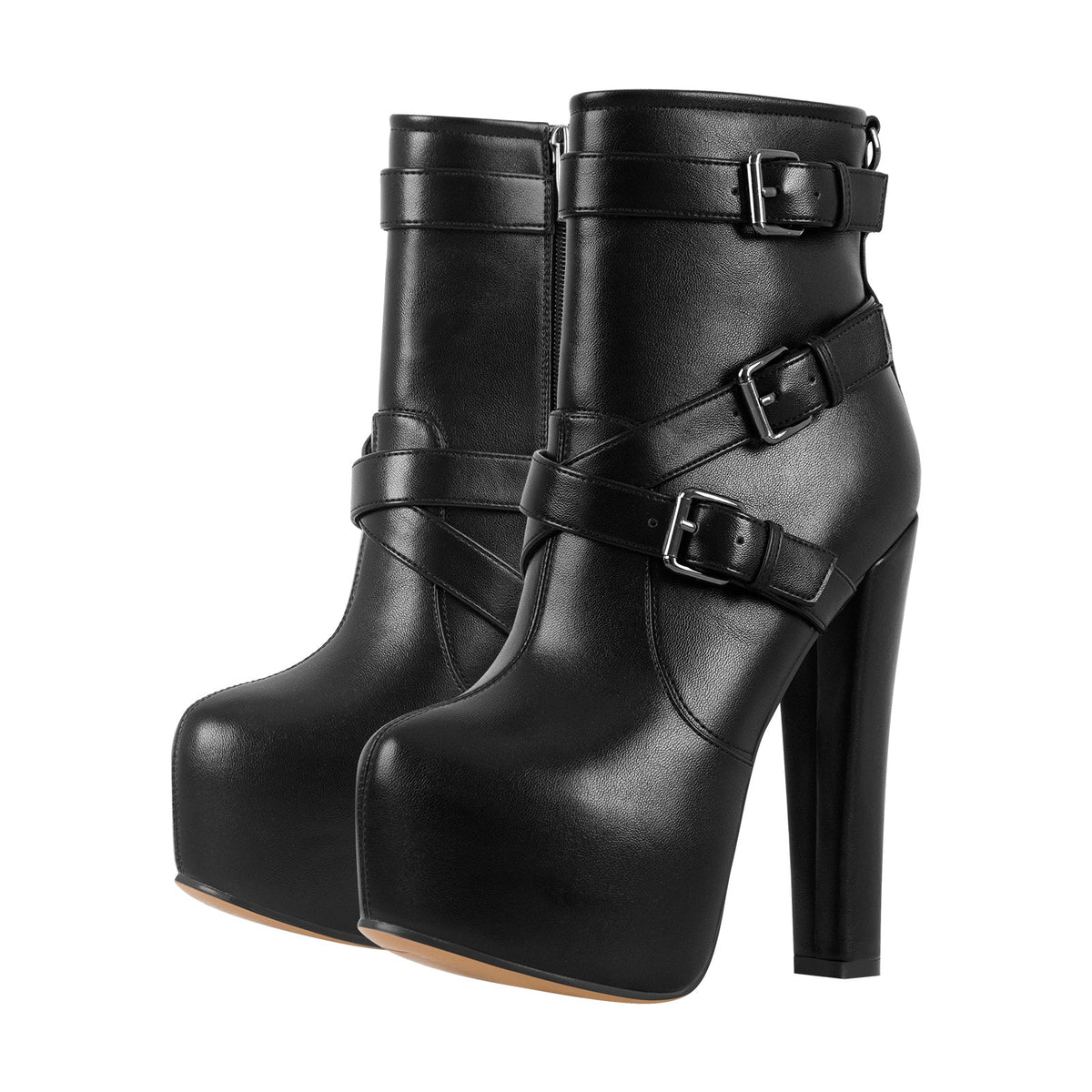 Round Toe Platform Chunky Buckle Zipper Ankle Boots | Onlymaker Best Seller