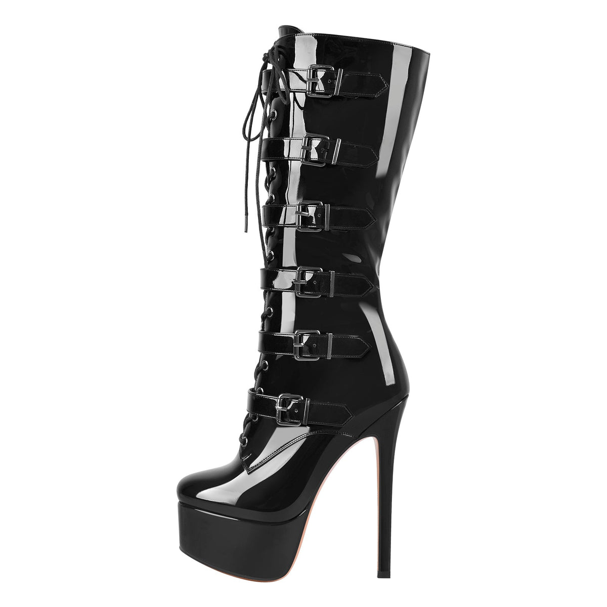 Black Patent Leather Platform Lace Up Knee High Boots | Onlymaker Essential
