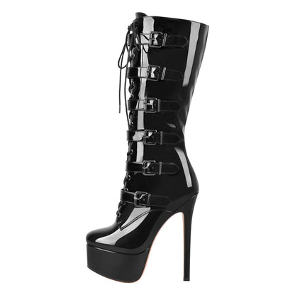 Black Patent Leather Platform Lace Up Knee High Boots | Onlymaker Essential