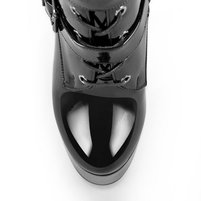 Black Patent Leather Platform Lace Up Knee High Boots | Onlymaker Essential