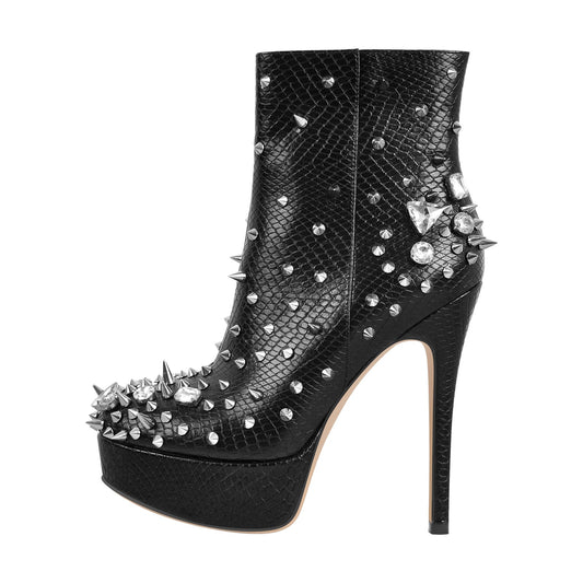 Black Rhinestone Rivet Studded Platform Ankle Boots | Onlymaker Trusted