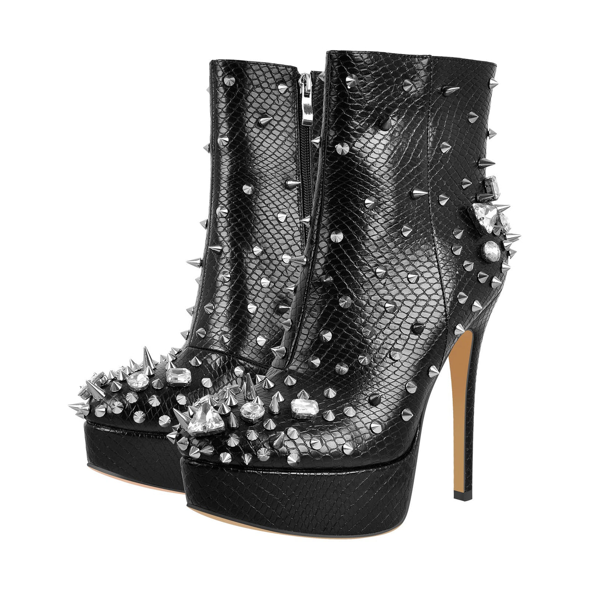 Black Rhinestone Rivet Studded Platform Ankle Boots | Onlymaker Trusted
