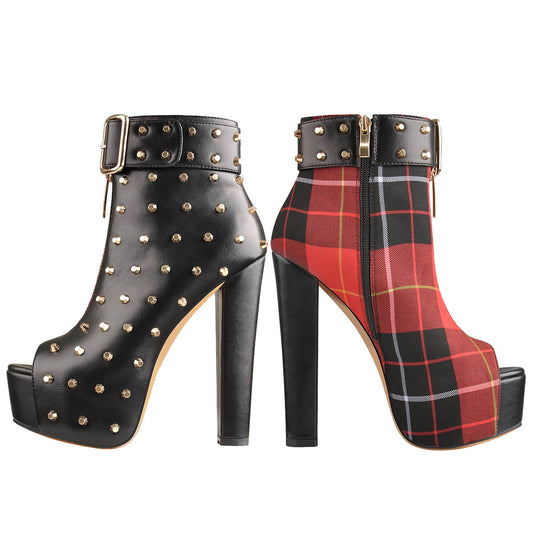 Peep Toe Rivet Leather Canvas Stitching Platform Chunky High Heel Boot | Onlymaker Featured